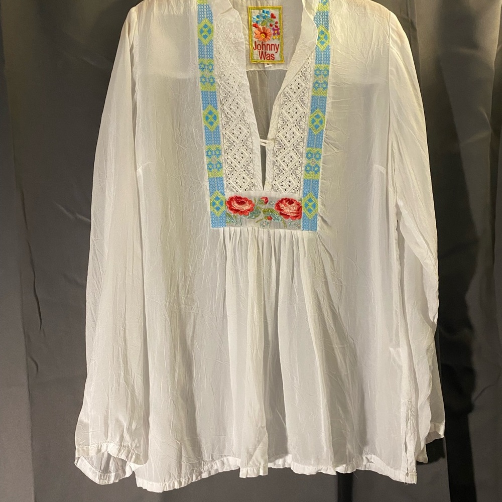 Johnny Was White Blouse with Colorful Embroidery
